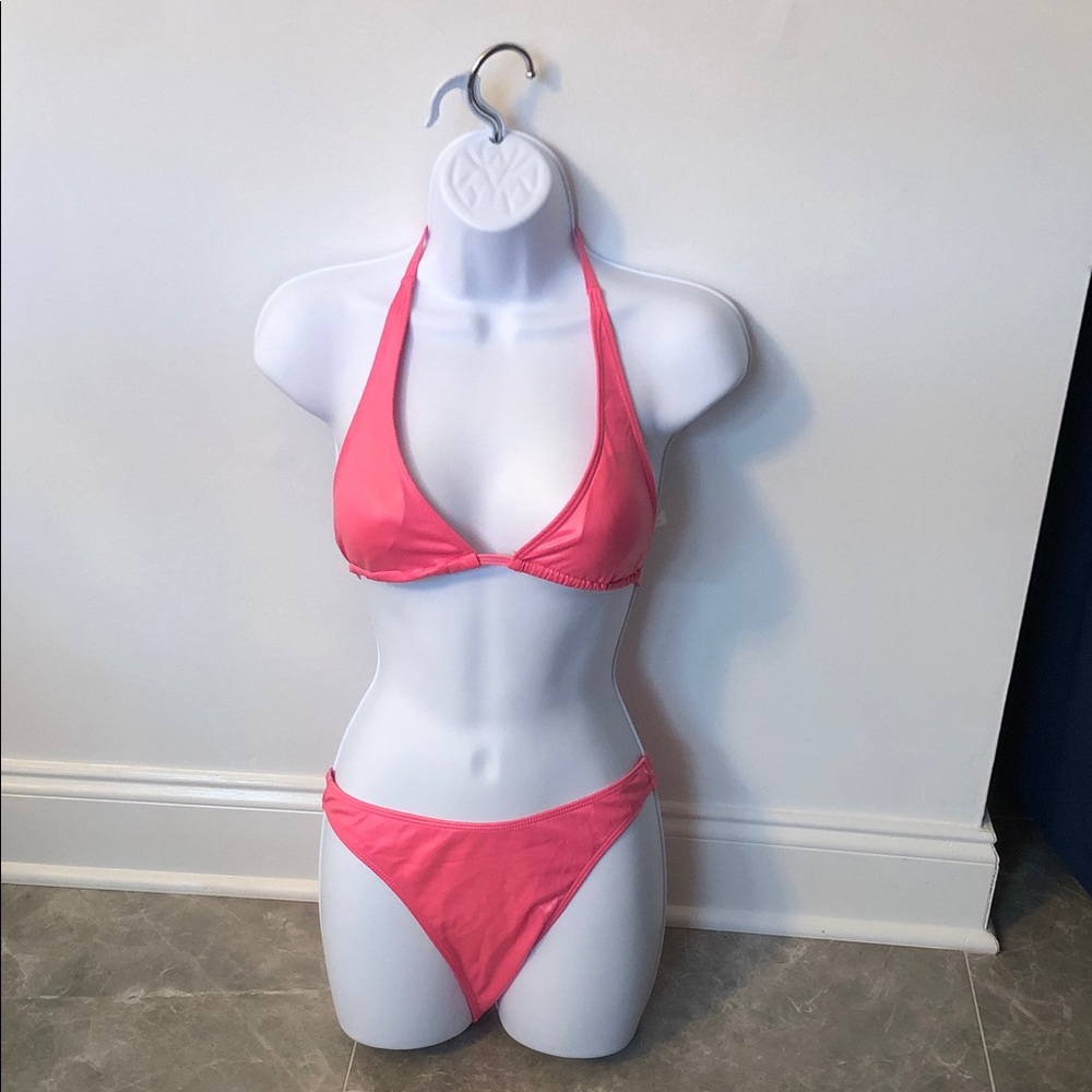 Vibrant Pink Halter Bikini Set padded top, metallic like material.sz S